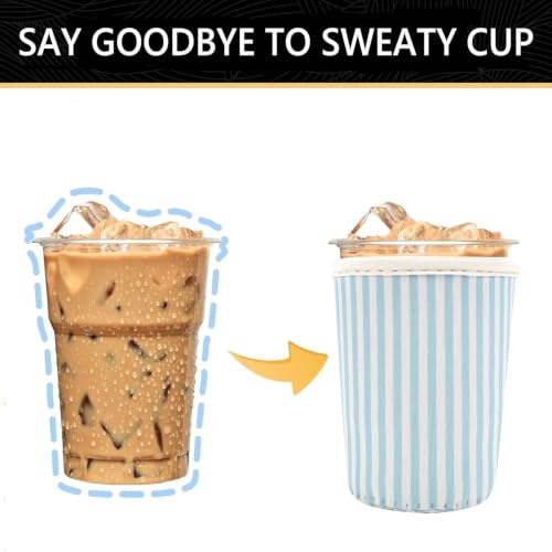 Image of YR Reusable Neoprene Insulator Sleeve for Iced Coffee Cups, 3 Pack Coffee Coolies sleeves for Iced & Hot Drinks, Cold Beverage Cooler Compatible with Starbucks Coffee and More (Green Stripes)