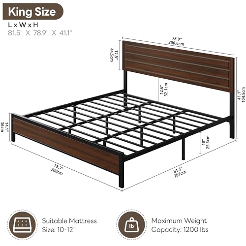 Image of LIKIMIO King Bed Frame and Headboard, Mid-Century Modern King Platform Bed, Heavy Duty Silent Metal Slats, No Box Spring Needed, Noise-Free, Dark Walnut