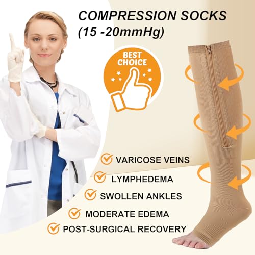 Image of 2 Pairs Zipper Compression Socks,Compression Stockings for Men and Women,15-20 mmHg Open Toe Compression Socks