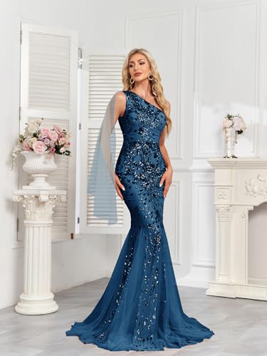 Image of One Shoulder Glitter Mermaid Dress for Mother of The Bride Women's Sexy Sequin Formal Gown