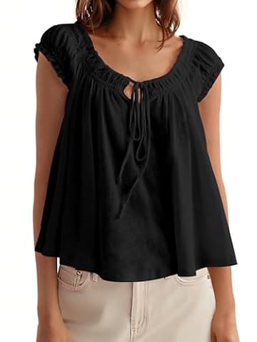 Tankaneo Babydoll damska plisa Tank Tops z przodu sznurowana Cap Sleeve Casualowa koszulka na lato, luźna koszulka, czarny, XL