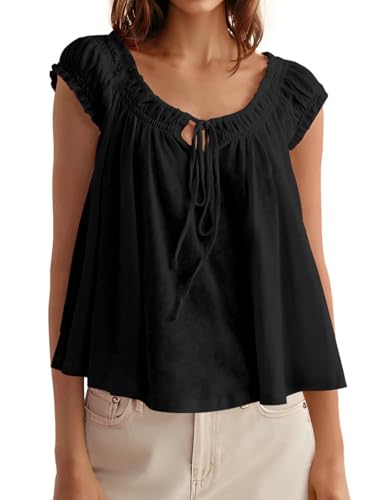 Tankaneo Babydoll damska plisa Tank Tops z przodu sznurowana Cap Sleeve Casualowa koszulka na lato, luźna koszulka, czarny, XL