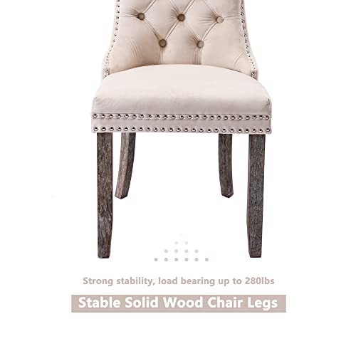 Image of Virabit Tufted Velvet Upholstered Chairs Set of 2, Nailhead Back and Ring Pull Trim, Solid Wood Chairs for Kitchen /Bedroom /Dining Room (Beige)
