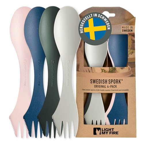 Light My Fire Spork Original Göffel 4-Pack - 3-in-1 Campingbesteck - Löffel Gabel Messer - Reisebesteck - BPA-Frei & Bio-Basierter Kunststoff (4er-Pack Meadow)
