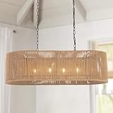 Wellmet Boho Chandelier Light Fixture 42 Inch, Farmhouse Rattan Pendant Light for Dining Room, Rustic Rectangular Chandeliers for Living Room, Bedroom, Kitchen Island (Rattan, 42 Inches)