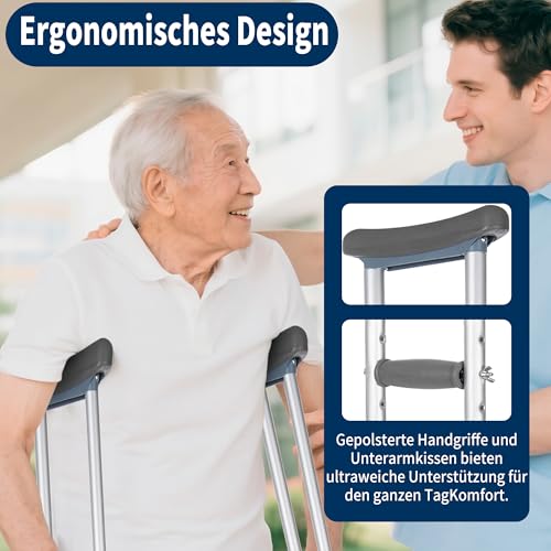 OUUTMEE Achselkrücken 2 Stück Unterarmgehstütze Höhenverstellbar Erwachsene Krücken, Höhenverstellbereich:118~138 cm, Maximale Tragfähigkeit 150 kg (Grau, Mittel)