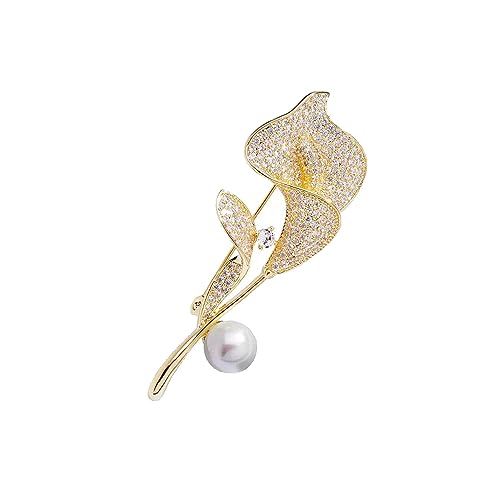 Image of Gold /Silver Calla Lily Crystal Brooches Pins Fashion Beautiful Created Rhinestone Pearl Flower Floral Brooch Good Idea for Party Dance Wedding Banquet for Elegant Women Girl