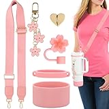 Stanley Cup Accessories Set Including Adjustable Water Bottle Shoulder,Silicone Cup Boot and Ring, Silicone Straw Topper Cover,Cute Charms for Stanley Cup 30/ 40oz Tumbler (Pink)