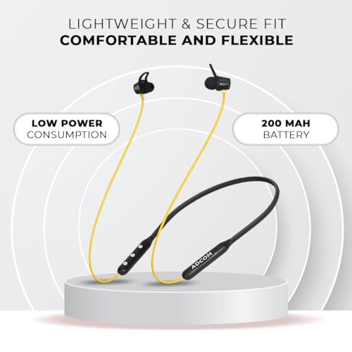 Image of Adcom Sync Wireless Bluetooth Neckband Headset with Up to 10 Hours Playback, Fast Charge, Low Latency, Magnetic Earbuds, Bluetooth Neckband, Bass Drivers, Wireless with Mic Earphones (Yellow)