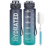 【Diseño de alta calidad】botella de agua tiene una forma ergonómica, está equipada con una correa de muñeca duradera y una carcasa esmerilada reflectante especial. Es a prueba de fugas de 360 ​​°, robusto, duradero y resistente a los impactos, lo que lo hace fácil de transportar. La tapa abatible también tiene un bloqueo de seguridad para evitar una apertura accidental. Use un cepillo de limpieza adicional para limpiar rápidamente su botella de agua.