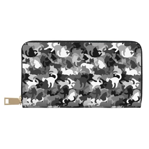 Portefeuille fin en cuir Novastar imprimé chat camouflage gris avec fermeture éclair