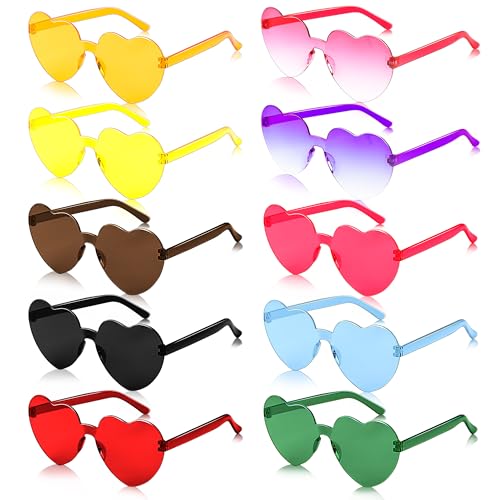 10 Paires Lunettes de Soleil, Lunettes de Cœur Hippie Rétro, 10 Couleurs Transparentes Différentes Style Festif pour Mariage Fête Soirée et Événements