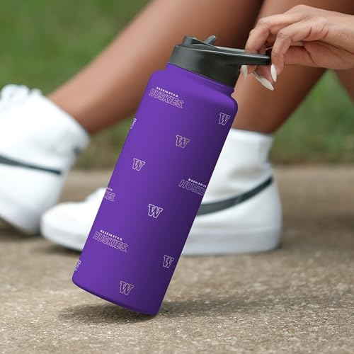 Image of Logo Brands NCAA Washington Huskies Step & Repeat 34 oz Stainless Steel Quencher Bottle - All Over Logo Design, No-Spill Lid, Easy Carry Handle - Keeps Drinks Cold For Hours