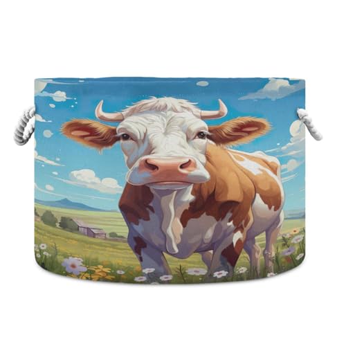 Round Cute Farm Cow Storage Basket Large Organizer Bin Laundry Hamper Toy Storage Basket with Handle for Nursery Clothes Toys 202b4915