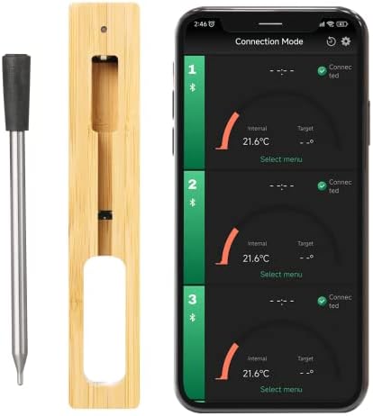 Wireless Meat Thermometer, Smart Bluetooth Meat Thermometer with 165ft Wireless Range, Food Thermometer for Grill, Oven, BBQ, Kitchen, Smoker, Air Fryer, Rotisserie (1 Probe) (Black)