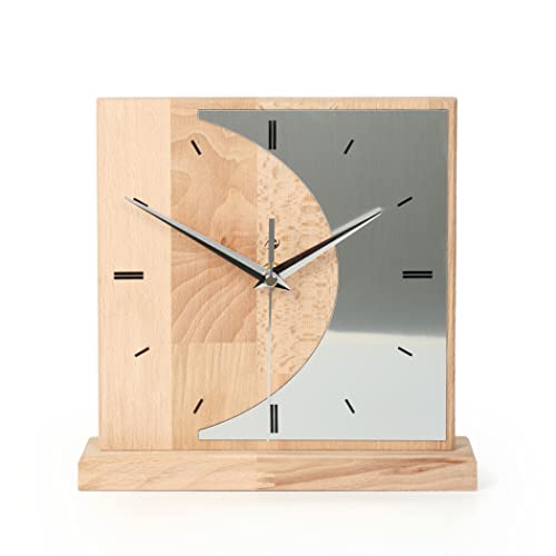 Kreative Feder Standuhr „Silvermoon“ aus Eichenholzholz – analoge Tischuhr ohne Tickgeräusche (leises Funkuhrwerk, Buche)