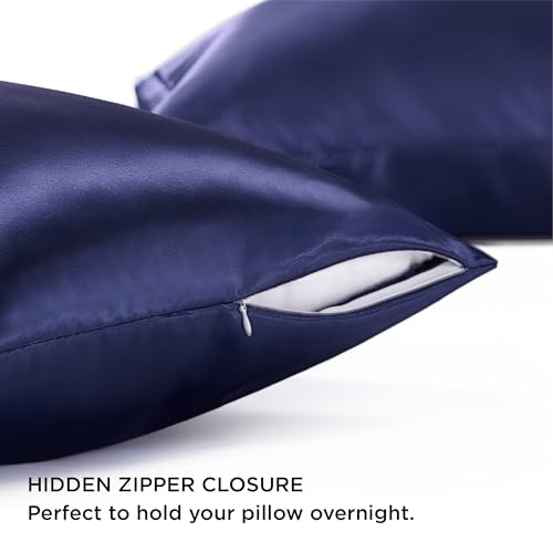 Image of Bedsure Satin Pillowcase with Zipper,King Pillow Cases Set of 2 | Similar to Silk Pillow Cases 2 Pack, Silky & Soft Pillow Cover for Hair and Skin, Gifts for Women Men, Navy, 20x36 Inches