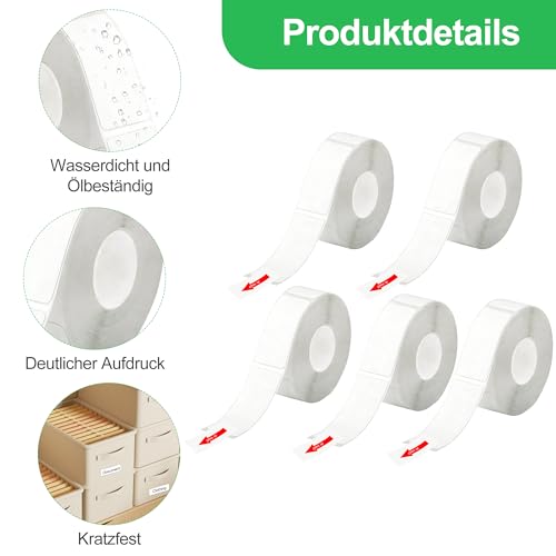 5 Rollen Weiße Thermo Etikettenband, 800 Stück 12mm Etikettenband Selbstklebend, Compatibel mit P21 Etiketten Wasserdicht, Praktisches Etiketten Set für Büro Haus Schule Versand Organisation