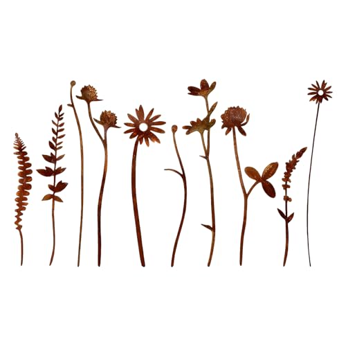 PIujsym 10 Stück Gartenstecker Rost Blumen, Metall Rostdeko Gartendeko, Edelrost Deko Garten, Garten Liebhaber Frühling Außenbereich Dekoration, für Terrasse Balkon Kreative Geschenkidee Draußen