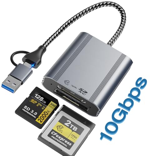 2 in 1 CFexpress Type B & SD Card Reader 10Gbps USB3.2 Gen2 Aluminum Type B CFexpress Adapter Camera External USB-A/USB-C Cable CFB Card Reader Compatible with Windows/Mac OS/Linux/Android/Laptop PC