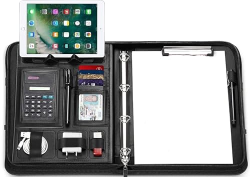 Cartella portadocumenti A4, con calcolatrice, raccoglitore ad anelli in pelle, grandi scomparti, manici magnetici pieghevoli, supporto per tablet e smartphone, 5 scomparti per carte
