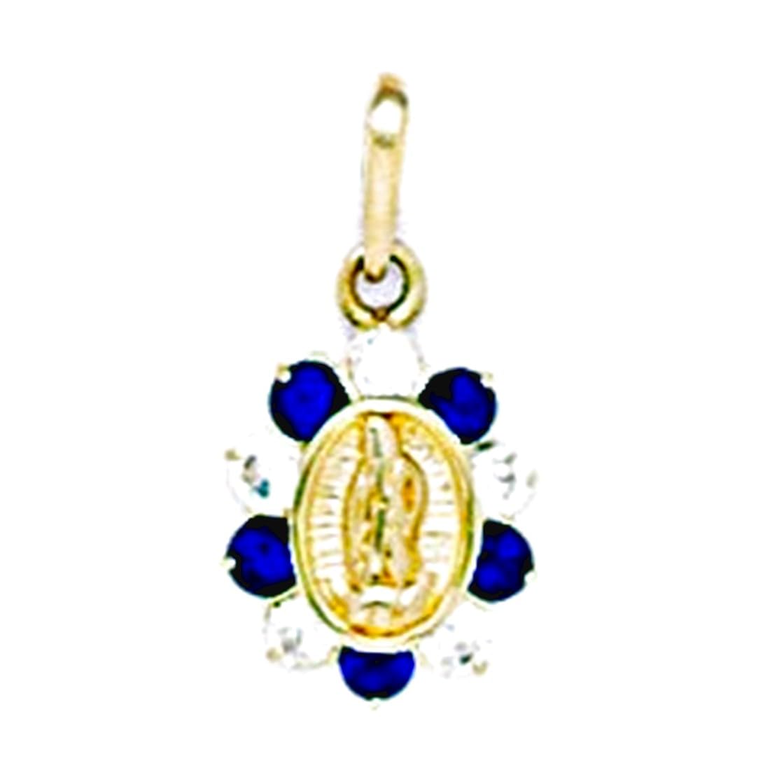 Or jaune 14 carats avec zircones cubiques Bleu foncé Petit pendentif de la Vierge Marie-Dimensions : 17 cm x 9 mm-JewelryWeb