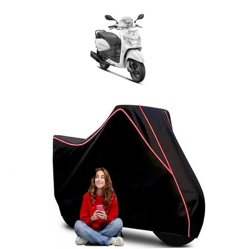 Image of Pleasure 110 BS6 Scooty Bike Cover Water Resistant Outdoor Use Universal Fit Scooters Motorcycles Heavy Duty UV Protection Dust Rain Scratch Resistant Elastic Bottom Black Blue Piping