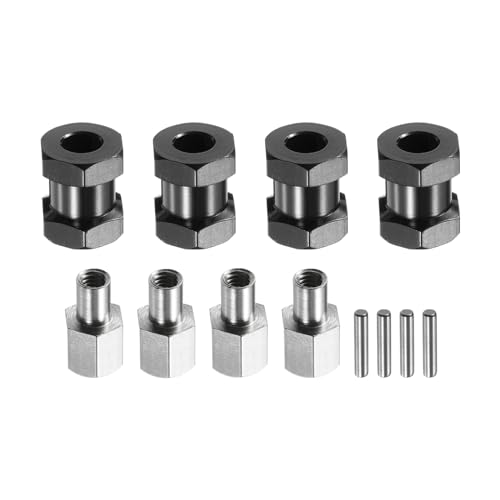 Image of sourcing map 4pcs 12mm Wheel Hex Drive Hubs Adapter Combiner Coupler, Aluminum 15mm Extension with Nut Latch for 1/10 RC Crawler Car Parts, Black