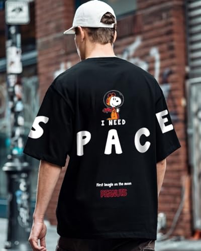 Image of Bewakoof X Peanuts Snoopy Men's Cotton Graphic Print Oversized Fit Half Sleeve Round Neck T-Shirt | Casual Wear | Street Wear | Oversized t Shirt for Men Cotton | Baggy