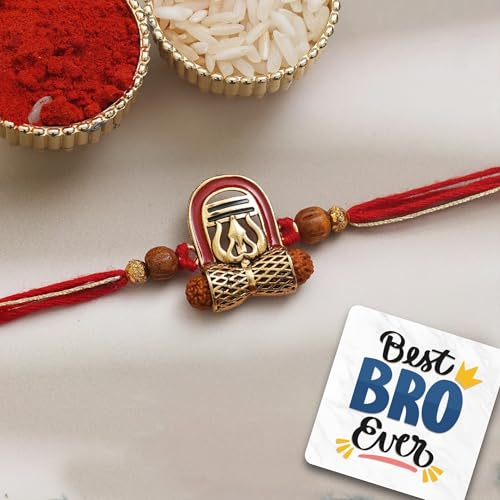 Image of eCraftIndia Red, Brown, and Golden Lord Shiva Shivling, Trishul, Damru, and Rudraksha Religious Designer Rakhi, Best Bro Ever Fridge Magnet and Roli Chawal Pack - Rakhi for Brother, Bhaiya, Bhai