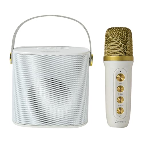 Image of Toreto Wireless Bluetooth Speaker 10W with Wireless Karaoke Mic, 6H Playtime, Voice Changing Feature, Deep Bass, USB, AUX, BT5.3 /TF Card, Outdoor Speaker with Carrying Strap (Jukebox, White)