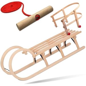 Explorer Colint Holzschlitten mit Rückenlehne für Kinder ab 1 Jahr und Erwachsene Set Schlitten Holz Hörnerschlitten mit Leine und Vollholz Rückenlehne in Rot 110cm Alpina Fun