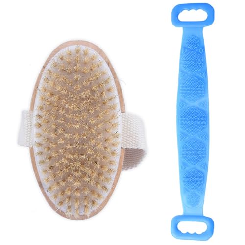 Set de Brosse de Bain, Brosse à sec pour le corps, Brosse de Bain Double Face en Silicone, Brosse pour le corps Natural Bristles, Brosse Dos à 2 Côtés, pour Exfolient, Nettoyage en Profondeur, Massage