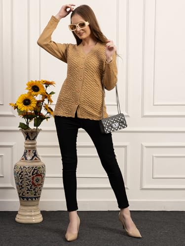 Image of Women's Winter Woolen Cardigan | Full Sleeve Textured Buttoned Sweater for Women | Soft Wool V-Neck Warm Knitted Outerwear for Office & Casual Wear