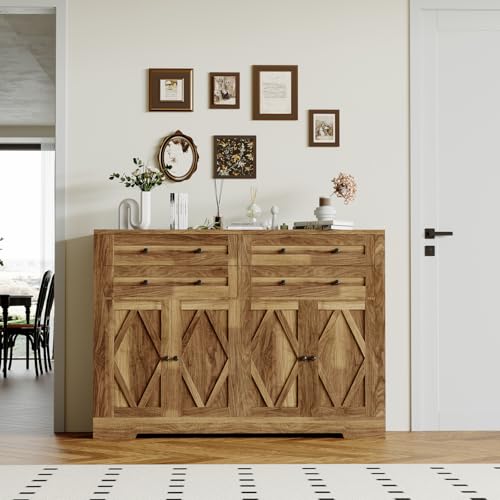 Farmhouse 55\" Large Sideboard Buffet Cabinet with Storage – 4 Drawers & 4 Doors, Adjustable Shelves, Wood Kitchen Storage Cabinet & Coffee Bar for Living Room, Hallway, Dining Room