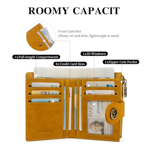 Image of Leather Wallet Women,Slim Compact Card Holder Wallet(yellow) | Small Wallet with RFID Blocking,Zipper Coin Pocket,Top Grain Cowhide Bifold Women's Wallet