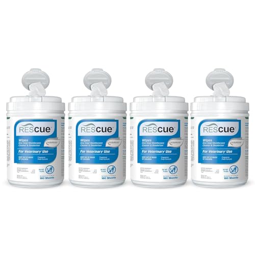 REScue One-Step Disinfectant Cleaner &amp; Deodorizer Wipes for Vet Use – Cleaner for Kennels, Litter Boxes, Vet Offices, Pet Grooming Surfaces, Pet Items – Wipes Canister, 160-Count (4 Pack)