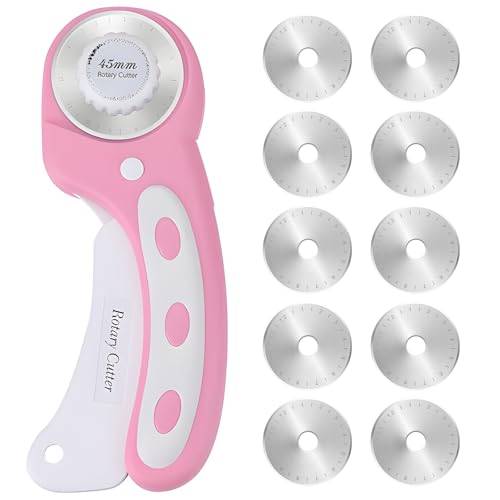 45mm Rotary Cutter for Fabric with 10Pcs Extra Blades Rotary Cutter with Safety Lock Sewing Fabric Cutter Wheel Accessories for Fabric Leather Crafting Sewing Perfect for Left & Right Hand
