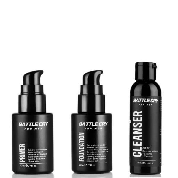 Battle Cry Makeup Kit For Men, Lightweight Liquid Foundation, Cleanser For Face Makeup, Long Lasting Makeup With Primer, All In 1 Full Party Kit For Men, (Medium, Pack of 3)