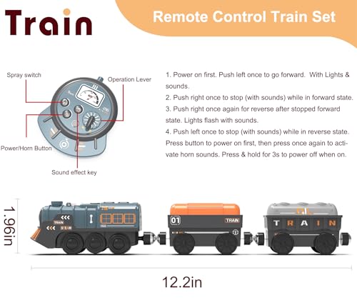 Image of Remote Control Steam Train for Wooden Tracks - RC Train Set with Realistic Smoke, Lights & Sound, Motorized Toy Train Compatible with Thomas & Friends, Brio, for Kids Ages 3-8