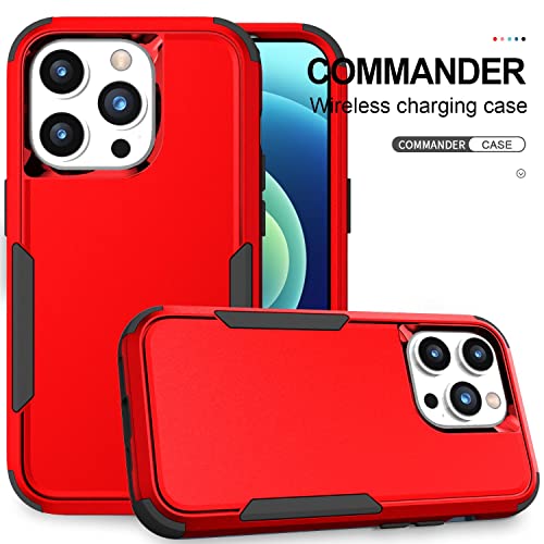 Image of Cubix Full Body Armor Cover for iPhone 14 Pro Pouch Hard PC + Soft TPU 3-Layer Military Grade Back Case (Red)