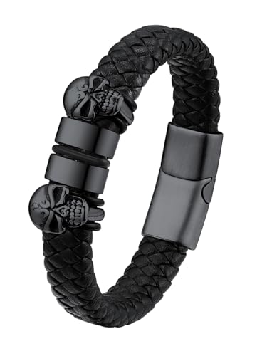 U7 Personalised Bracelet for Men Halloween Party Jewellery Mens Black Leather Bracelets 21cm