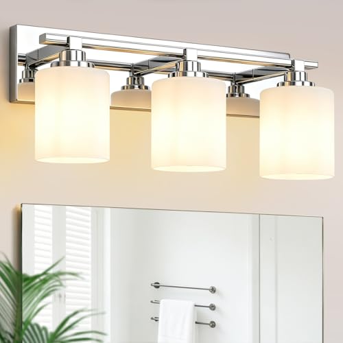 Image of Modern Bathroom Lighting Fixtures Over Mirror, Vanity Lights for Bathroom, Wall Sconces with Milky White Glass Shades, E26 Ceramic Socket, 3-Light 20-inch Chrome