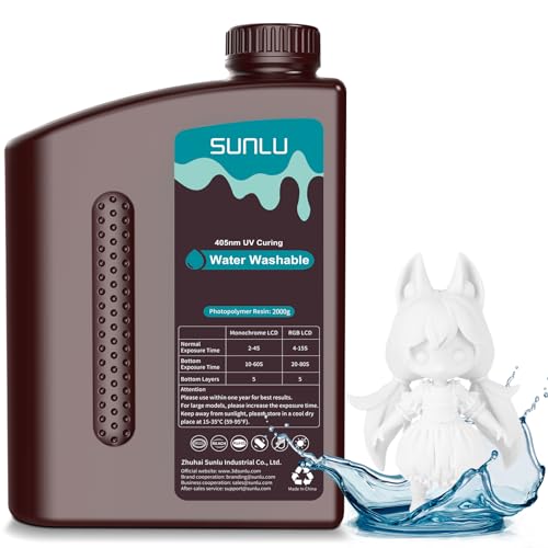 SUNLU 2kg Water Washable 3D Printer Resin, Fast Curing Low Shrinkage, High Precision Photopolymer Resin for LCD/DLP/SLA Printers,395 to 405nm UV Resin, 2000g White
