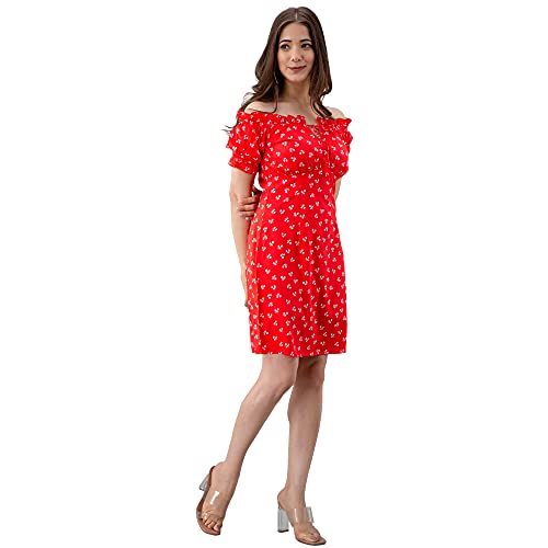 Image of Women Floral Print RED Color Off Shoulder Dress
