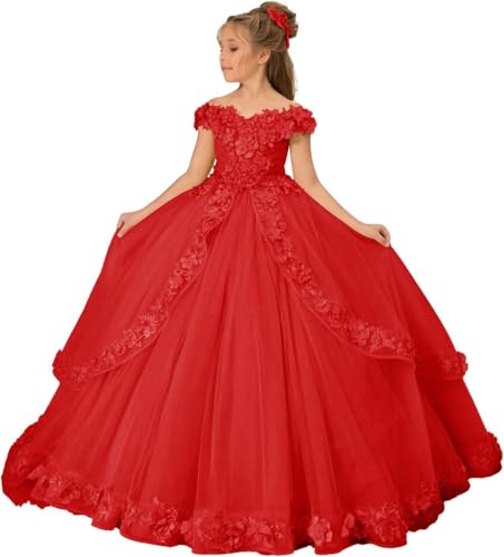 Flower Girl Dress Floral Appliques - Floor Length Puffy Tulle Princess Pageant Dresses for Girls Ball Gown