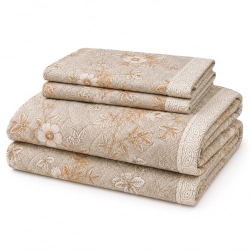 Image of 100% Cotton Quilted Comforter Set with 2 Matching Pillow Covers | Floral Print, Lightweight Breathable Bedding for Mild Winters | 90 inch x 100 inch, Beige
