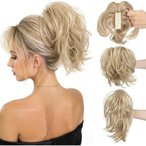 CJL HAIR Claw Clip Short Ponytail Hair Extensions DIY Bendable Metals Messy Bun Hair Piece for Wonen Straight Synthetic Fake Hairpieces Dirty Blonde