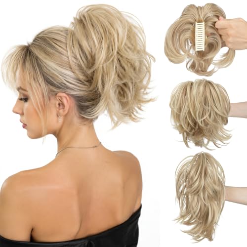 CJL HAIR Claw Clip Short Ponytail Hair Extensions DIY Bendable Metals Messy Bun Hair Piece for Wonen Straight Synthetic Fake Hairpieces Dirty Blonde