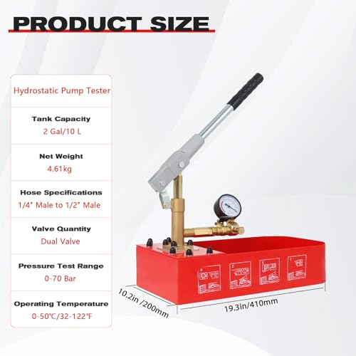 Image of Hydrostatic Test Pump, 2 Gallon 7Mpa Water Pipe Leakage Pressure Tester, Hydraulic Hand Water Pressure Test Pump with Gauge Tank